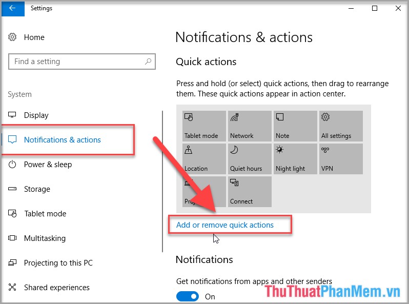 Kích chọn Notification & actions  - Add or remove quick actions 