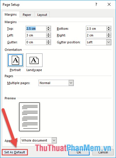 Kích chọn Set As Default để thiết lập mặc định lề trang giấy