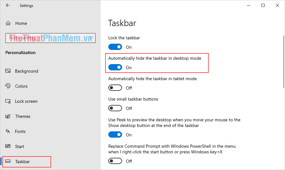 Kích hoạt tính năng Automatically hide the taskbar in the desktop mode
