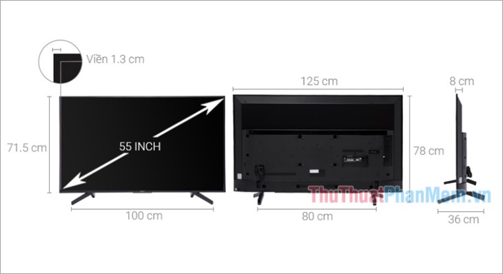 Kích thước Smart Tivi Sony 4K 55 inch KD-55X7000F