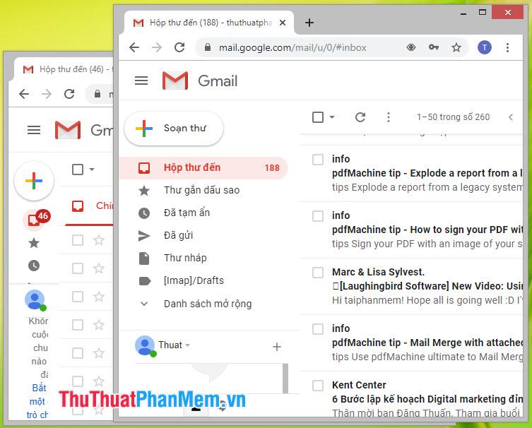 Lúc này chúng ta sẽ có hai cửa sổ Chrome làm việc riêng biệt, bạn có thể đăng nhập Gmail