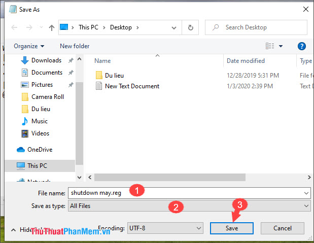 Lưu file dưới dạng đuôi reg và mục Save as type để All Files