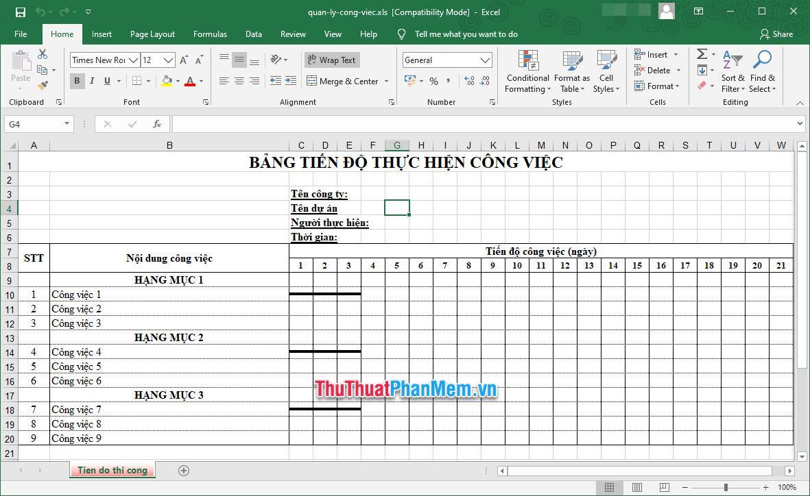 Mẫu kế hoạch công việc bằng Excel chuẩn 4