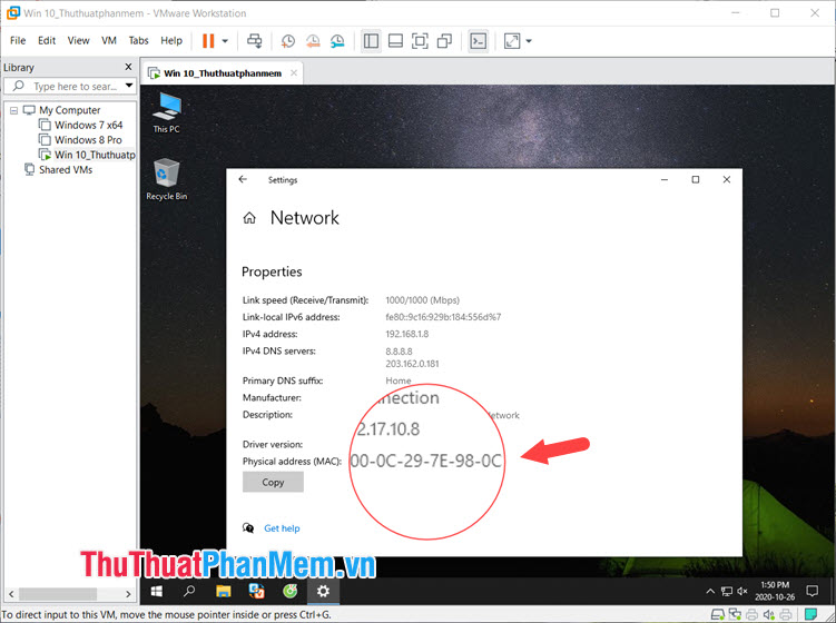 Máy ảo Windows 10 có địa chỉ MAC là 00-0C-29-7E-98-0C