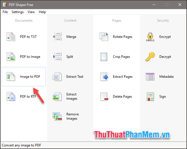 Mở phần mềm và chọn mục Image to PDF