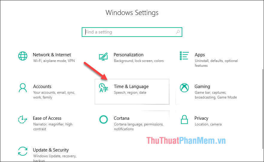 Mở Setting trên windows 10 và chọn mục Time & Language