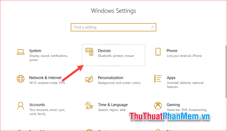 Mở Settings trong Windows 10 và chọn mục Devices