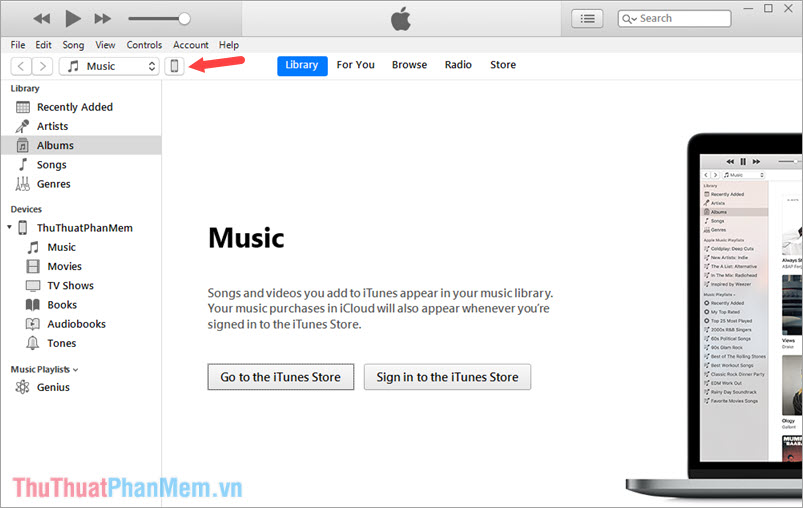Mở ứng dụng iTunes trên máy tính và click chọn biểu tượng điện thoại