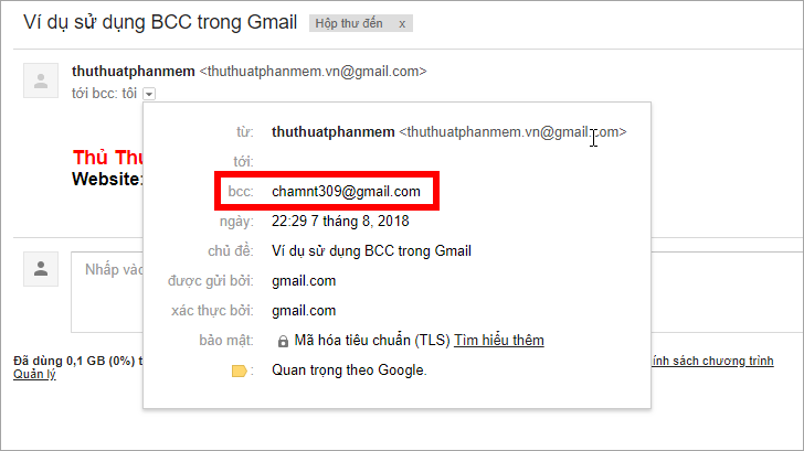 Người nhận nào trong BCC cũng nhận được email nhưng chỉ thấy email gửi đến riêng mình