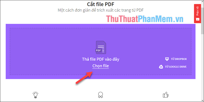 Nhấn Chọn file để tải file PDF cần cắt từ máy tính lên trang web