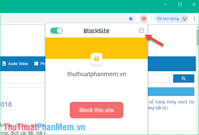 Nhấn vào biểu tượng Block site sau đó chọn biểu tượng bánh răng cài đặt