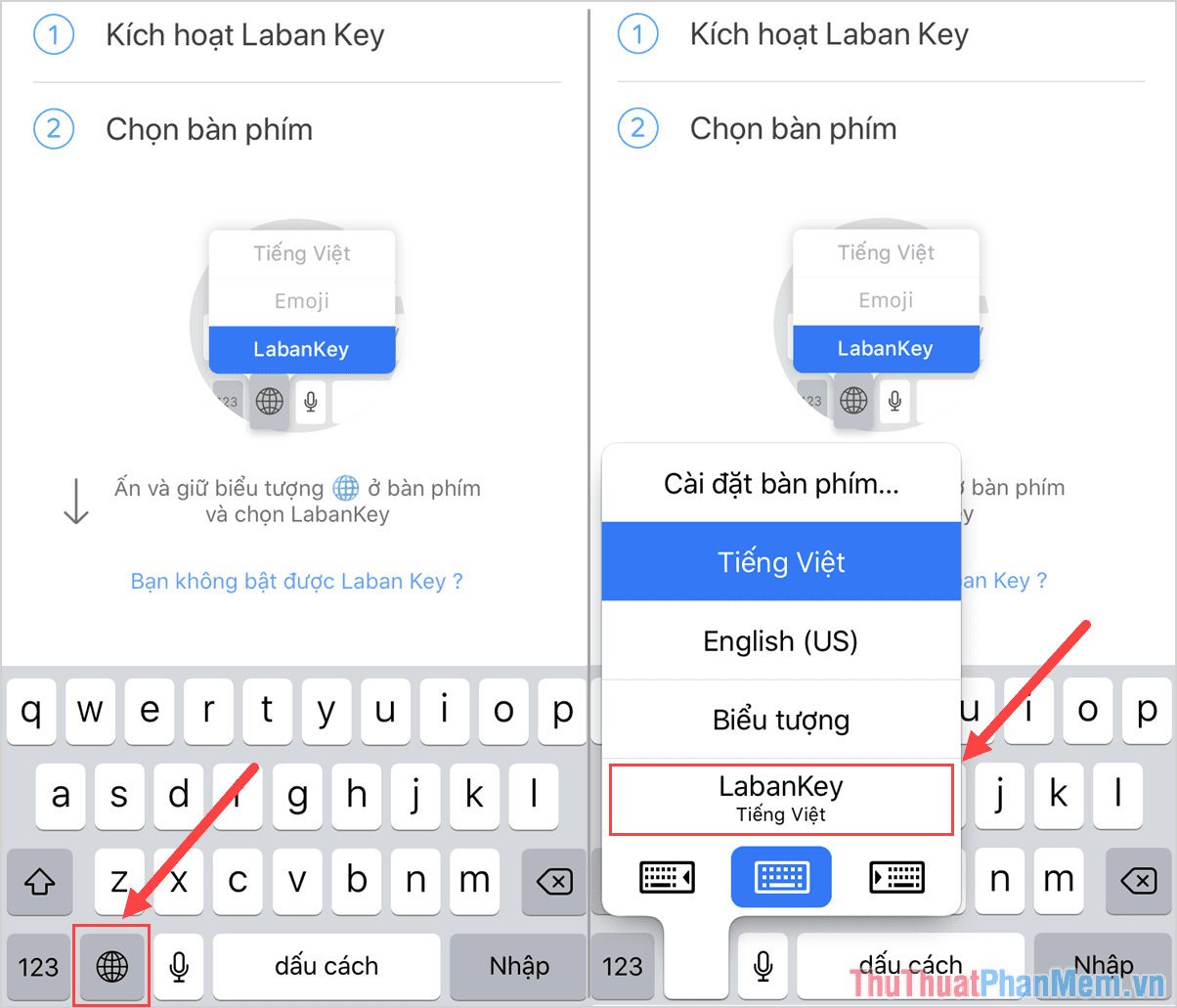 Nhấn vào biểu tượng “Đổi bàn phím” trên bàn phím và chọn LabanKey Tiếng Việt