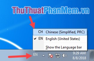 Nhấn vào biểu tượng ngôn ngữ trên thanh Taskbar để chuyển sang bàn phím tiếng Trung