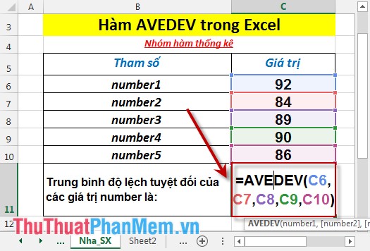 Trường hợp các giá trị number nằm ở các vị trí không liền kề - Nhập công thức =AVEDEV(C6,C7,C8,C9,C10)