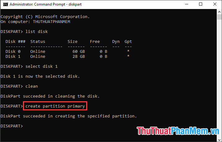 Nhập lệnh create partition primary