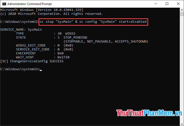 Nhập lệnh sc stop SysMain & sc config SysMain start=disabled