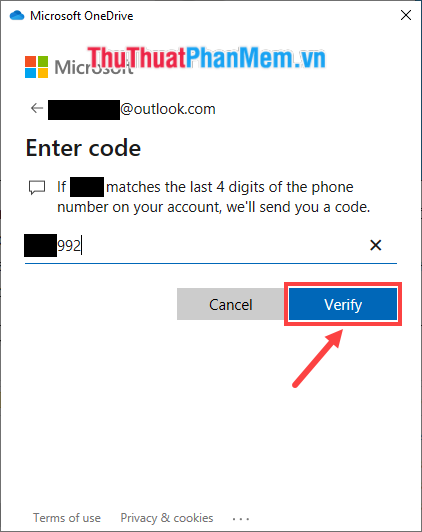 Nhập mã code gửi về điện thoại của bạn và nhấn Verify