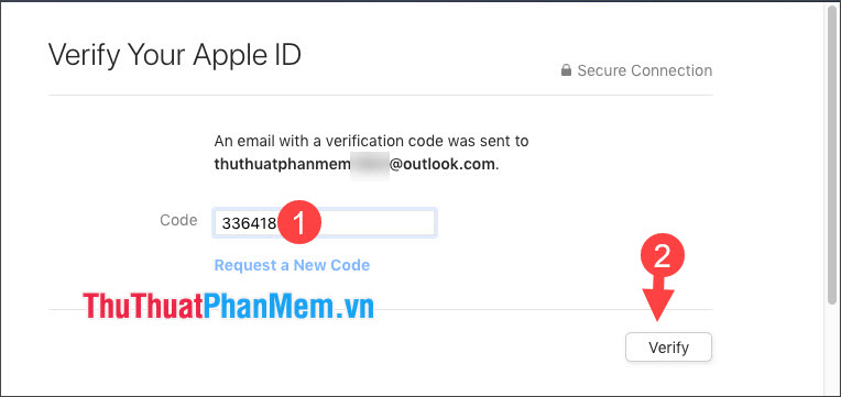 Nhập mã xác nhận gửi qua email và nhấn Verify