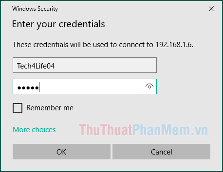 Nhập tên đăng nhập và mật khẩu của máy tính cần điều khiển và nhấn OK