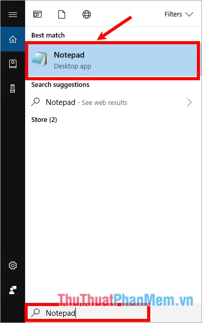 Nhập từ khóa Notepad vào ô tìm kiếm search box
