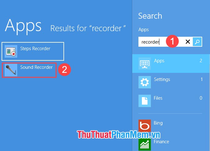 Nhập từ khóa tìm kiếm recorder và chọn ứng dụng Sound Recorder