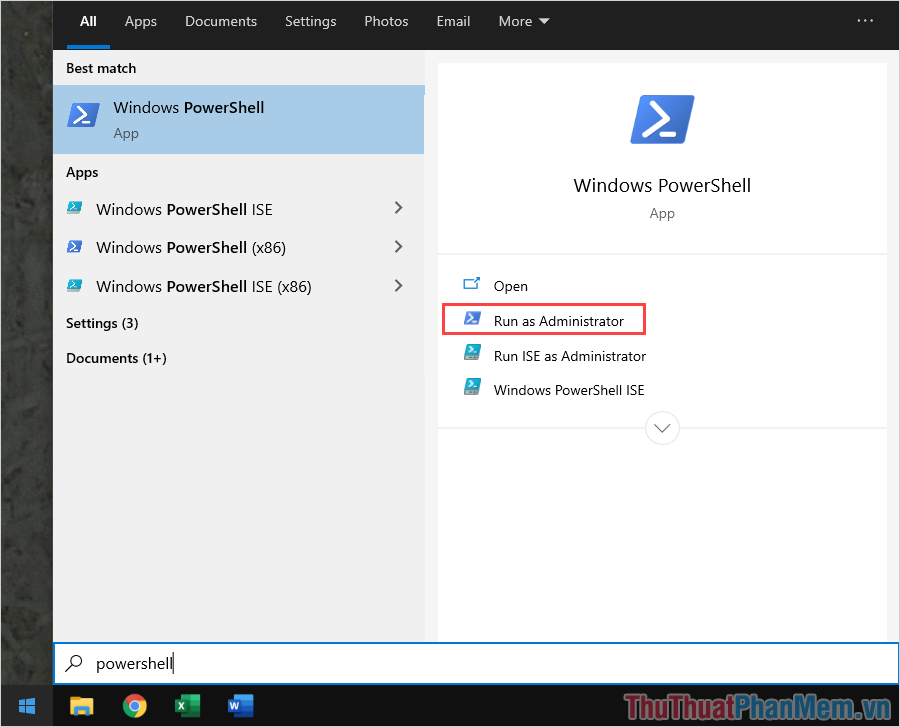 Nhập Windows PowerShell và chọn Run as Administrator để mở