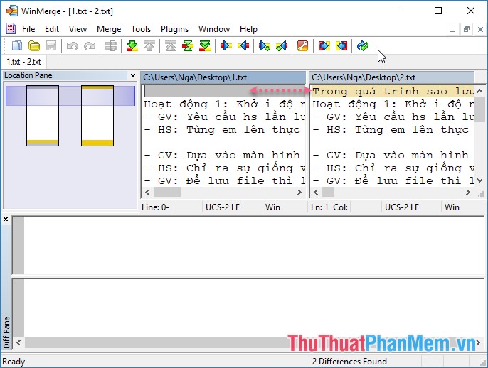 Phần chữ được tô màu vàng ở 2 file dữ liệu biểu thị sự khác nhau giữa 2 file