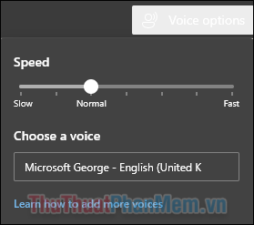 Phần Voice options cho phép bạn tùy chỉnh Speed (tốc độ đọc) và Choose a voice (giọng đọc và ngôn ngữ).