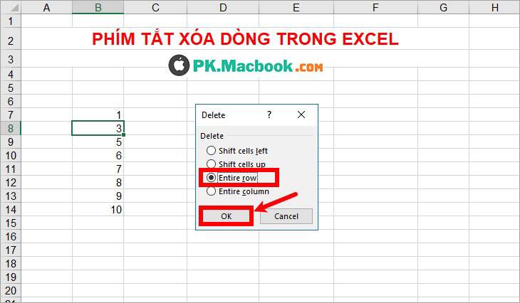 phím tắt xoá dòng trong Excel, cách xoá dòng trong excel bằng phím tắt 