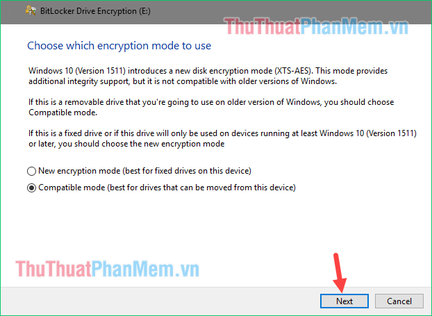 Phương thức mã hóa dùng cho Windows 10 bản 1511 trở lên