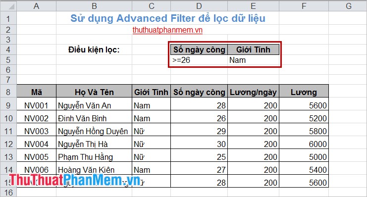 Sử dụng Advanced Filter để lọc dữ liệu 6