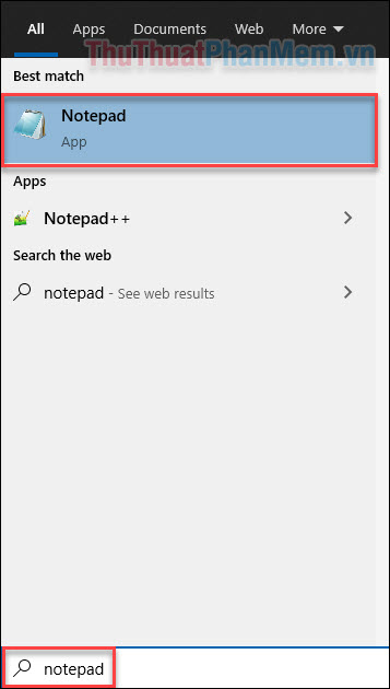 Sử dụng ô tìm kiếm để tìm và mở ứng dụng Notepad