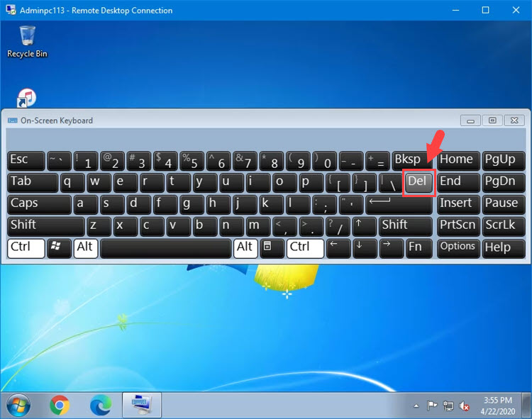 Sử dụng tổ hợp phím Ctrl + Alt trên bàn phím thật kết hợp với click chuột vào phím Del ở bàn phím ảo