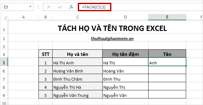 Tách họ và tên trong Excel 11