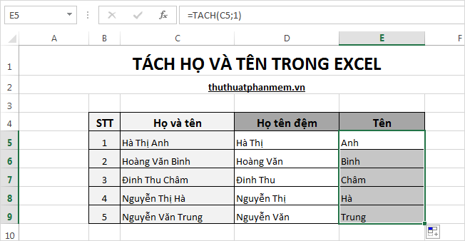 Tách họ và tên trong Excel 12