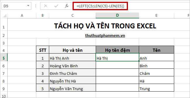 Tách họ và tên trong Excel 4