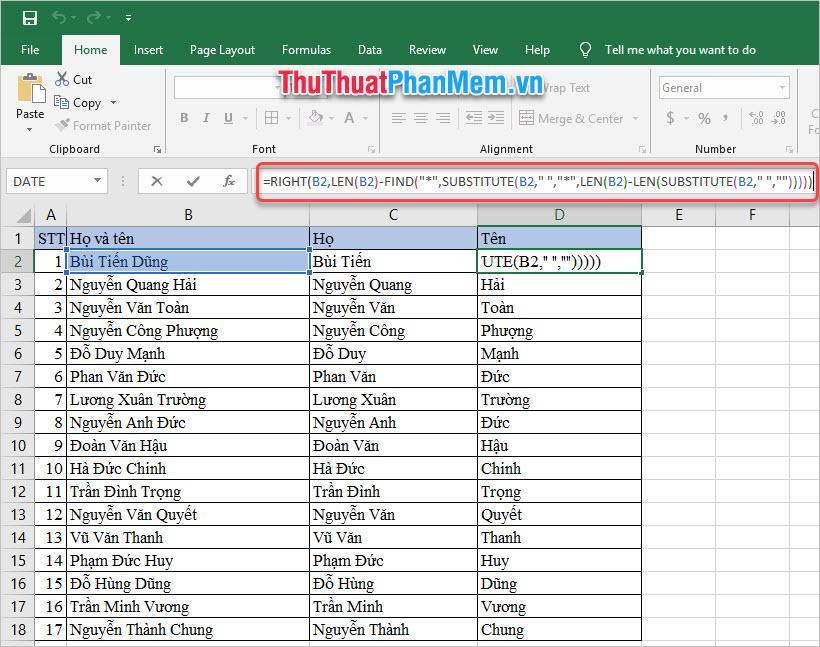 Tách tên trong Excel bằng cách kết hợp các loại hàm
