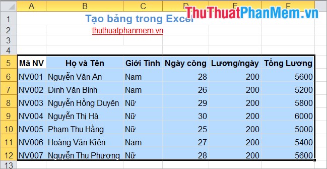 Tạo bảng trong Excel 1