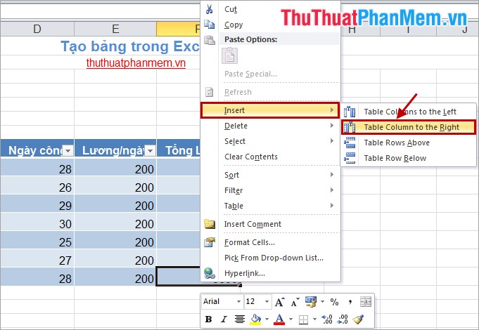 Tạo bảng trong Excel 4