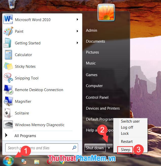Tắt màn hình bằng tính năng Sleep trên Windows 7