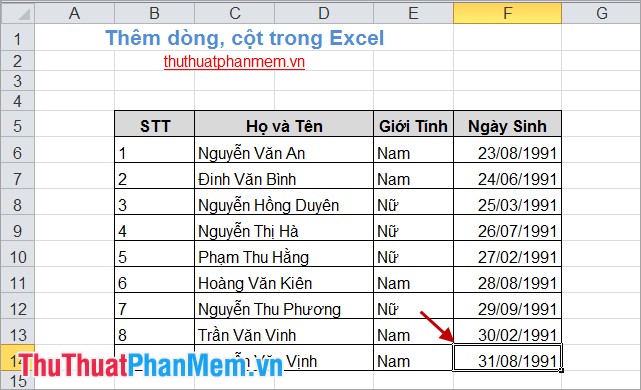 Thêm dòng, cột trong Excel 7