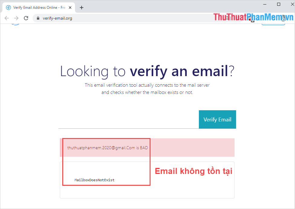 Thông báo màu đỏ kèm với chữ Mail Box Does Not Exit thì có nghĩa đây là địa chỉ Email ảo