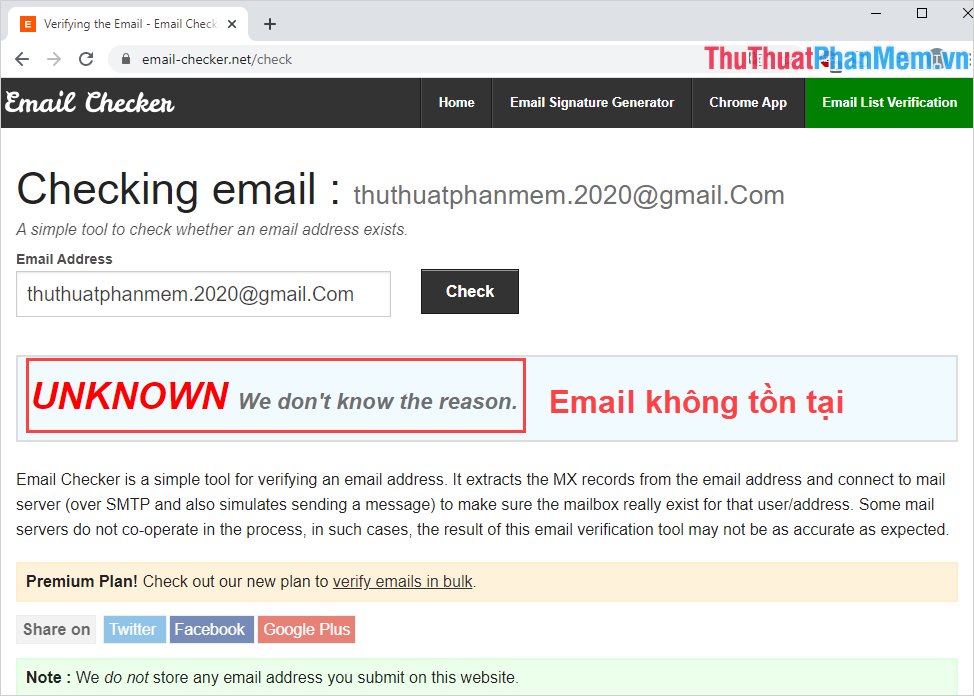 Thông báo Unknown – We don’t know the reason thì có nghĩa đây là một địa chỉ Email ảo