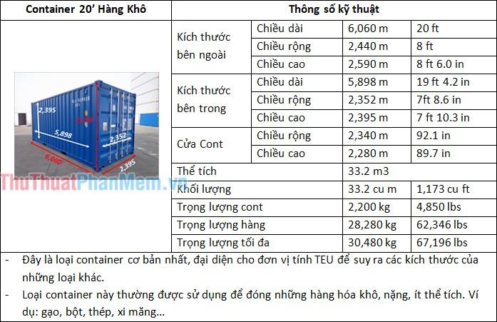 Thông số kỹ thuật Container 20’ Hàng Khô