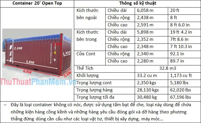 Thông số kỹ thuật Container 20' Open Top