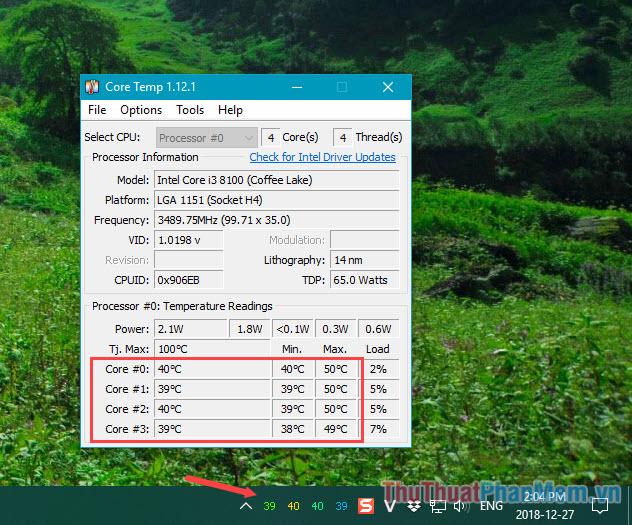 Thông tin về nhiệt độ CPU