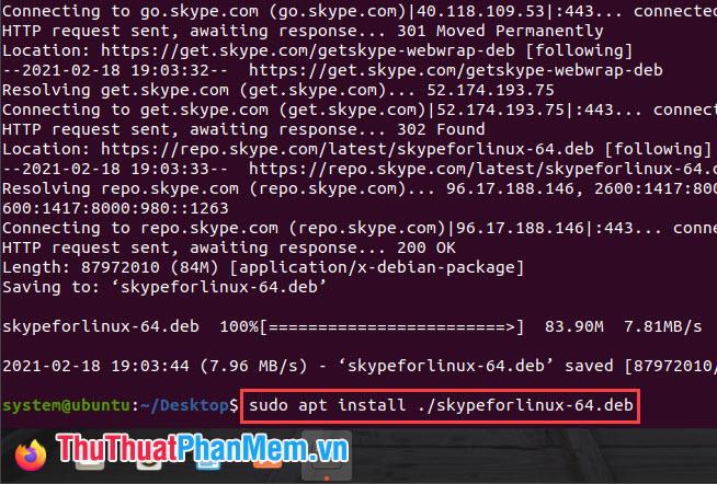 Thực hiện lệnh sudo apt install .skypeforlinux-64.deb