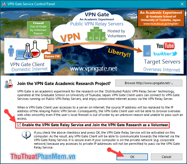 Tích chọn dòng Enable the VPN Gate Relay Service...