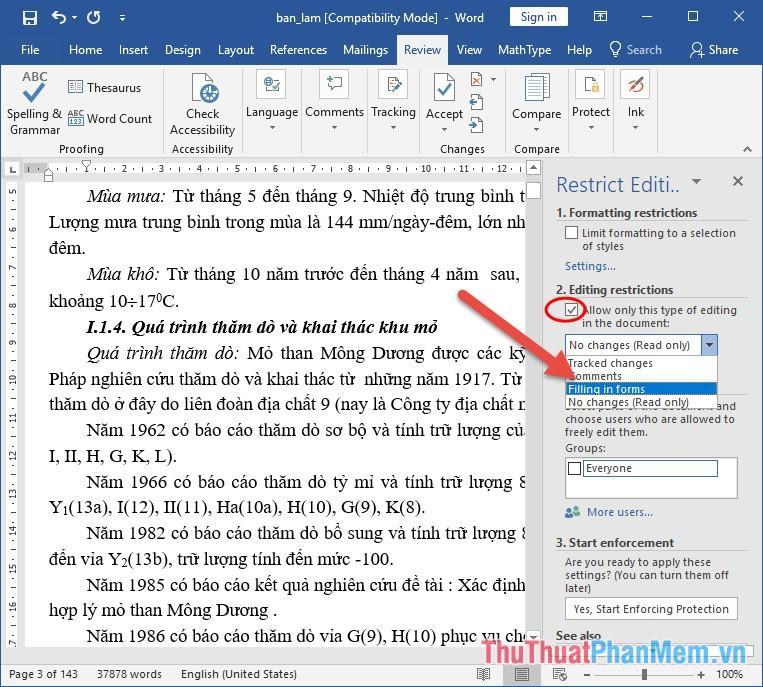 Tích chọn vào mục Allow only this type of editing in the document