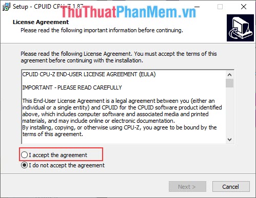 Tiến hành cài đặt CPU-Z, Chọn I accept the agreement